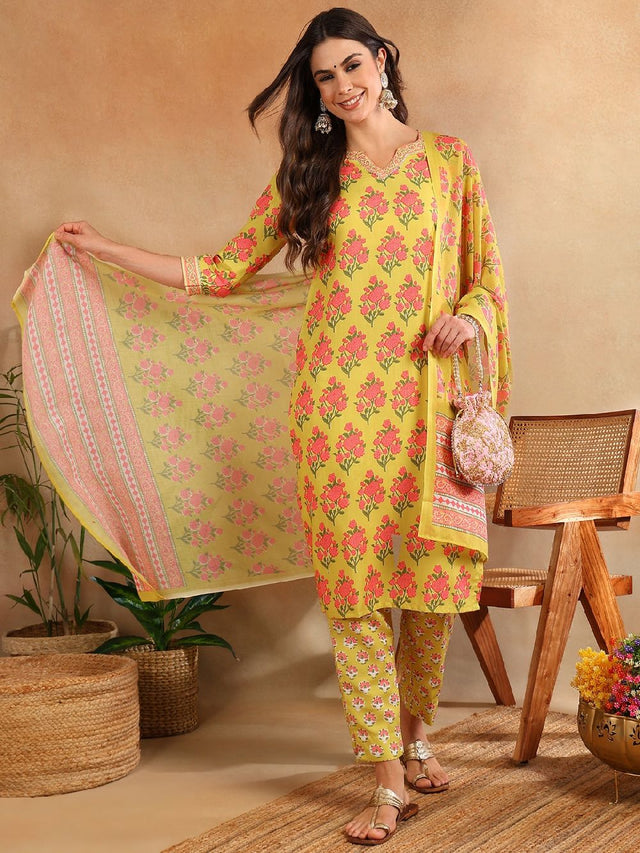 Green Rayon Blend Floral Printed Straight Kurti Pant With Dupatta