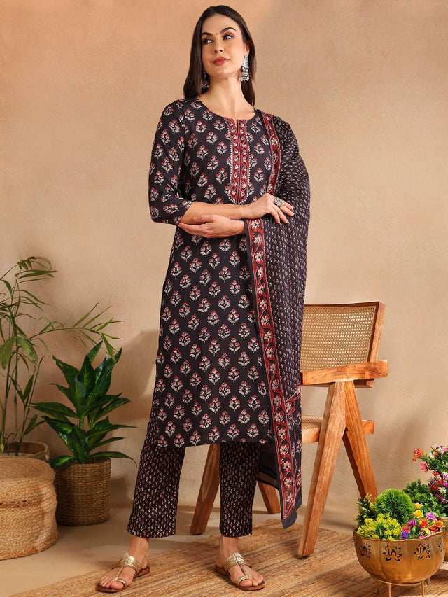 Black Rayon Blend Floral Printed Straight Kurti Pant With Dupatta