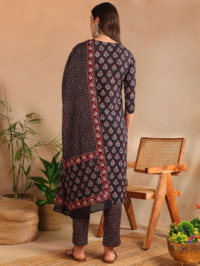 Black Rayon Blend Floral Printed Straight Kurti Pant With Dupatta