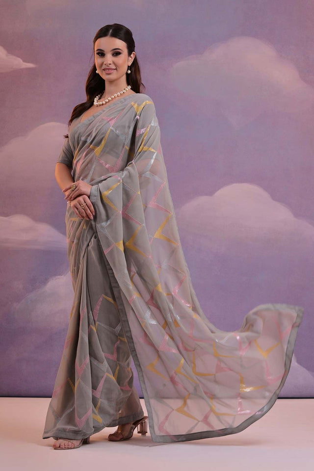 Grey Georgette Mirror Sequin Saree