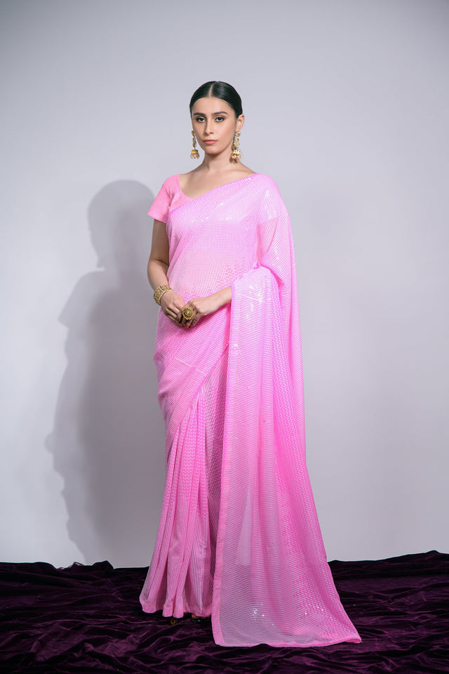 Pink Georgette Mirror Sequin Saree (N2ZWHOLEFABASHARAM.B)