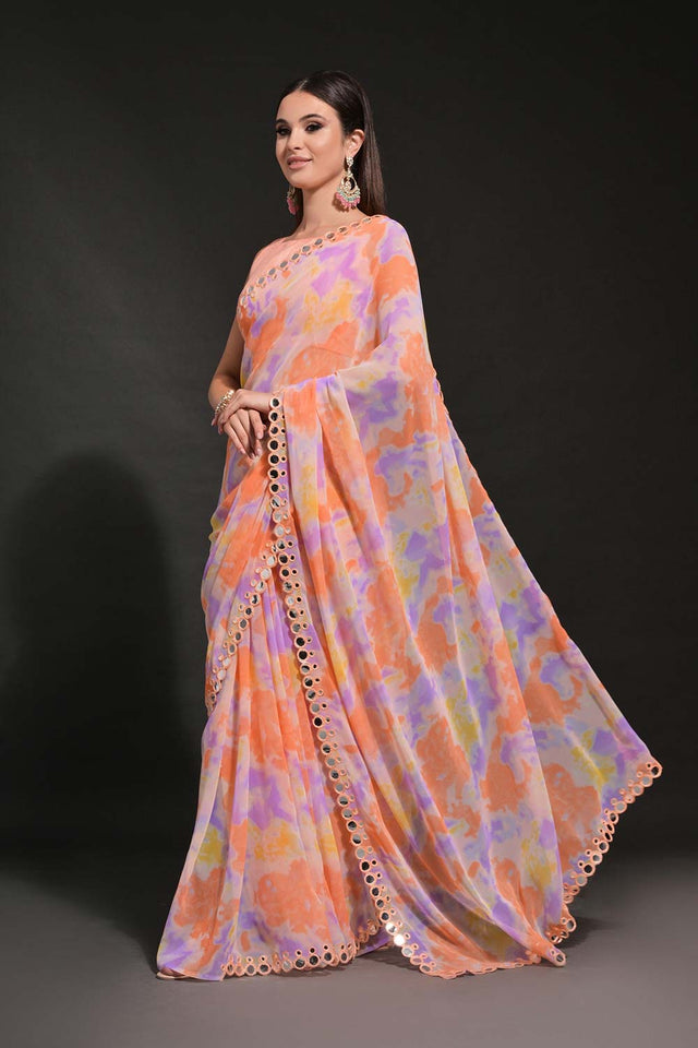 Orange Georgette printed Saree (N2ZWHOLEFABMIRZAFENTA)