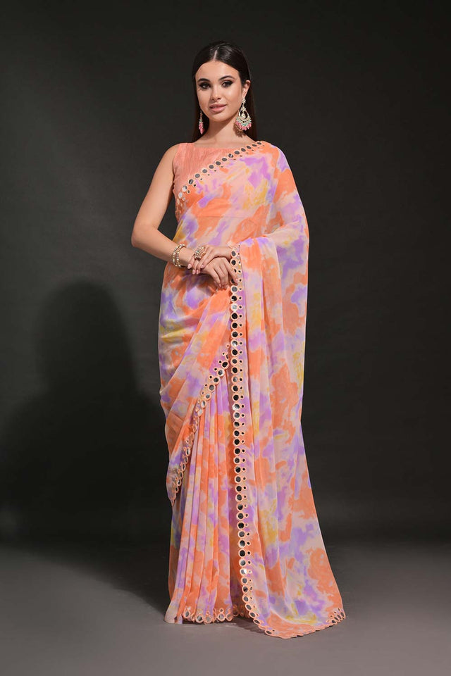 Orange Georgette printed Saree (N2ZWHOLEFABMIRZAFENTA)