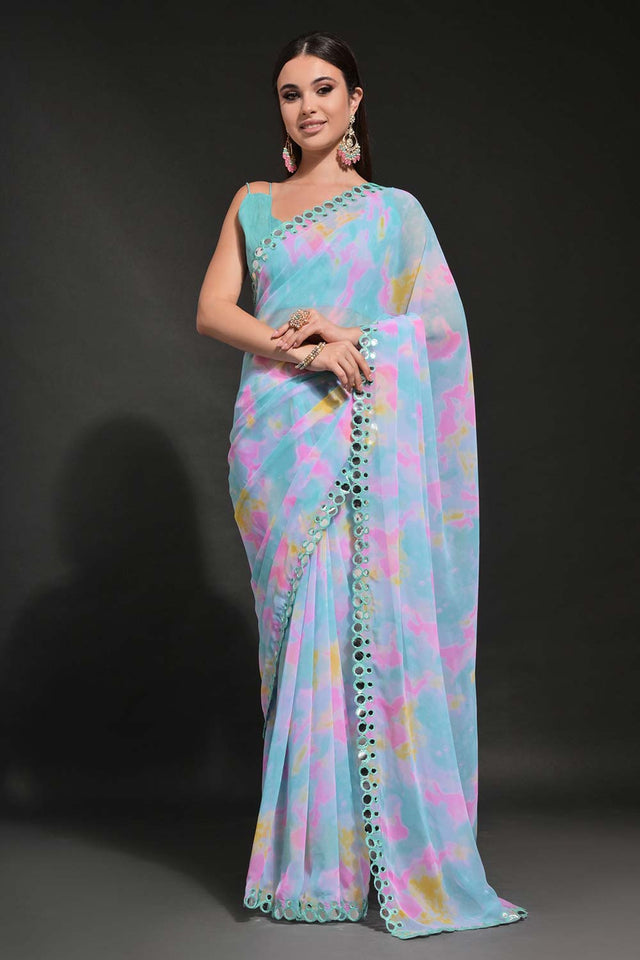 Blue Georgette printed Saree (N2ZWHOLEFABMIRZAFIROZI)