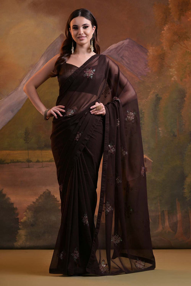 Brown Georgette Embroidered Saree