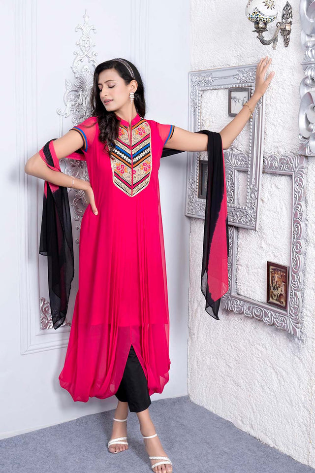 Pink Embroidered Georgette Stitched Indo-Western Suit Set