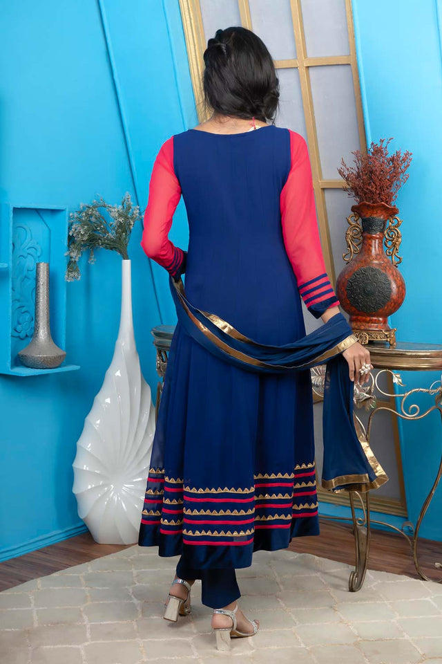 Blue Georgette Stitched Anarkali Trouser Kurti Dupatta Readymade Suits