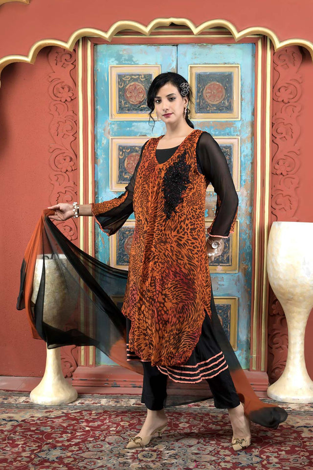 Orange Embroidered Georgette Stitched Anarkali Suit Set