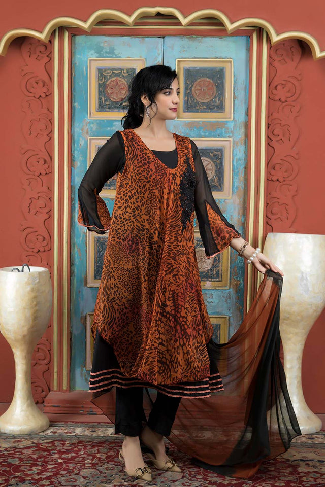 Orange Embroidered Georgette Stitched Anarkali Suit Set