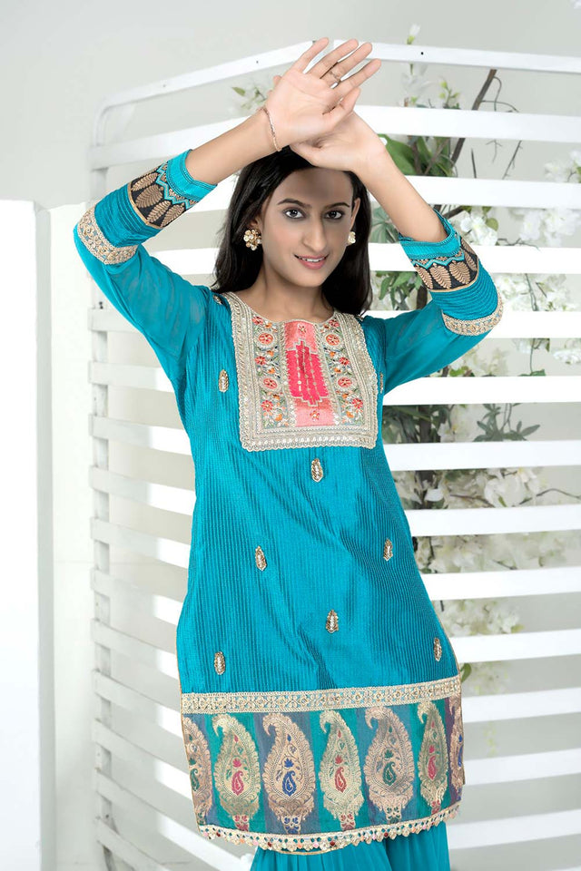 Blue Embroidered Art Silk Straight Cut Sharara Suit Set