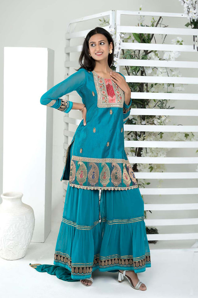 Blue Art Silk Stitched Sharara Suit Set