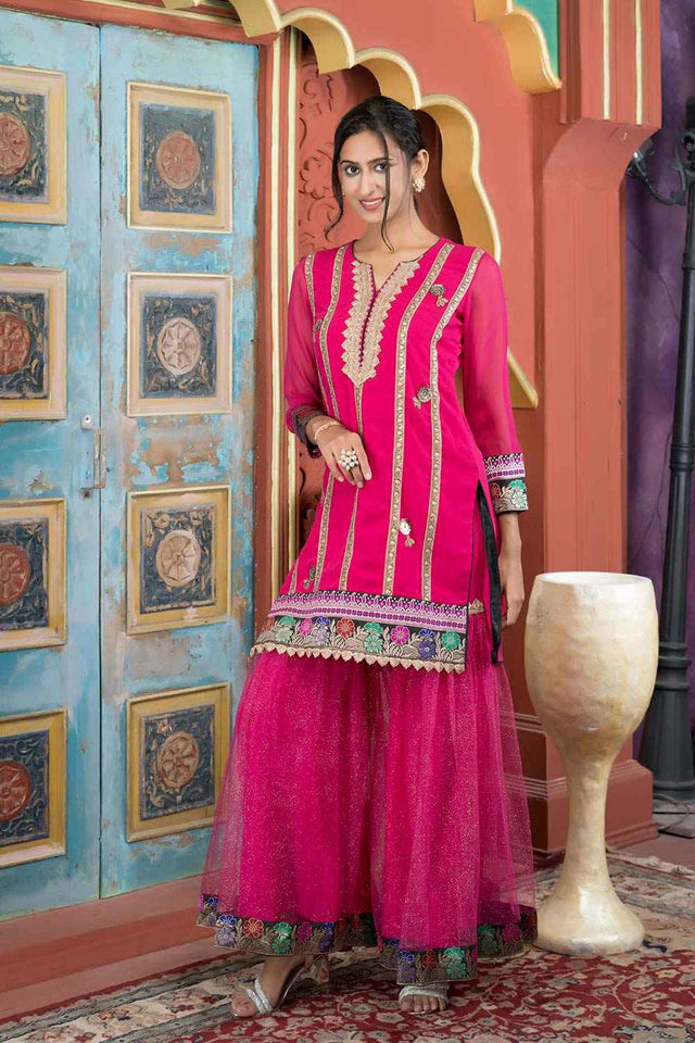 Pink Embroidered Georgette Straight Cut Sharara Suit Set