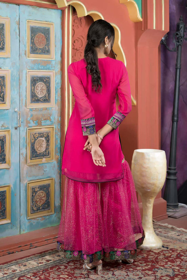 Pink Embroidered Georgette Straight Cut Sharara Suit Set