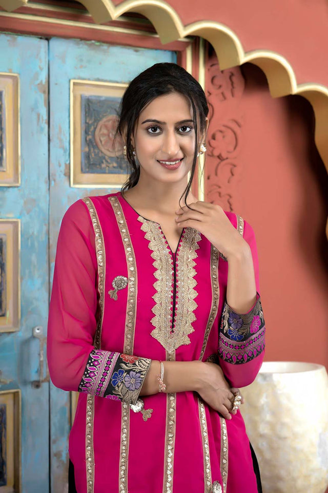 Pink Embroidered Georgette Straight Cut Sharara Suit Set
