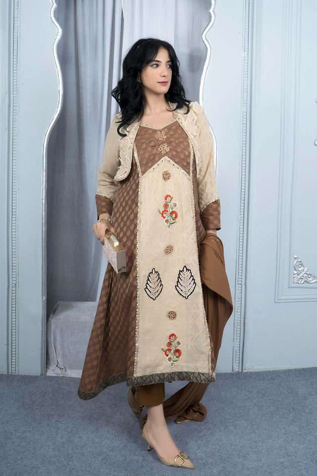 Beige Embroidered Silk Stitched Anarkali Suit Set