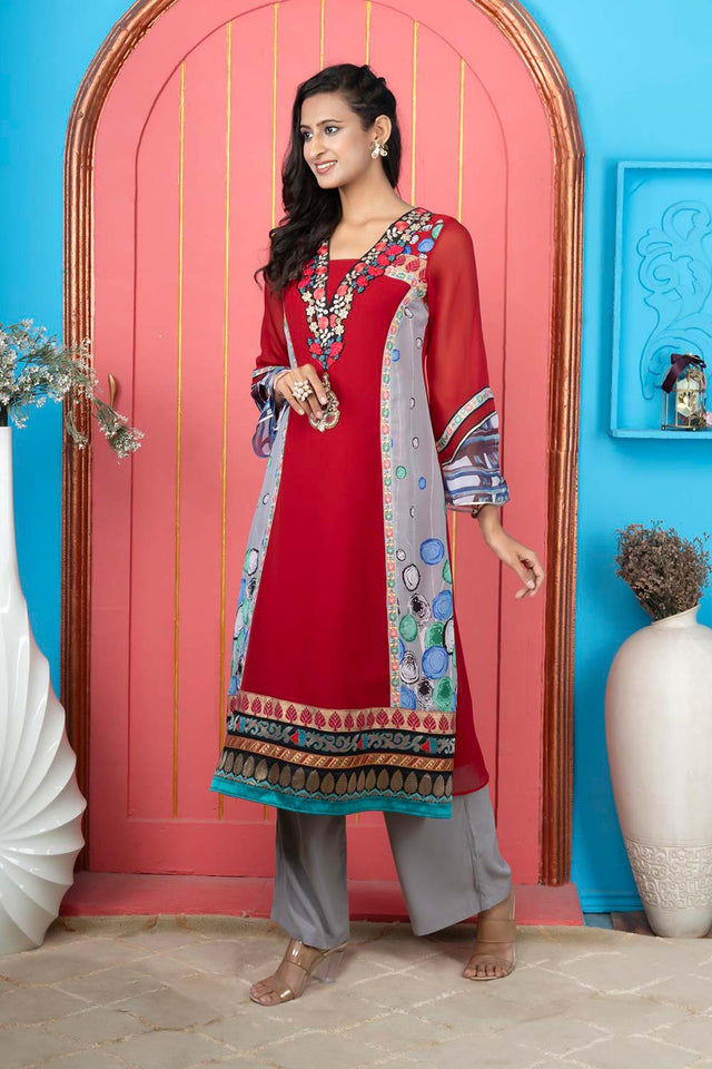 Maroon Embroidered Georgette Anarkali Kurti