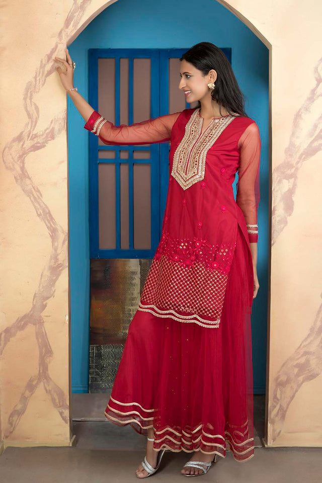 Pink Embroidered Net Straight Cut Kurti