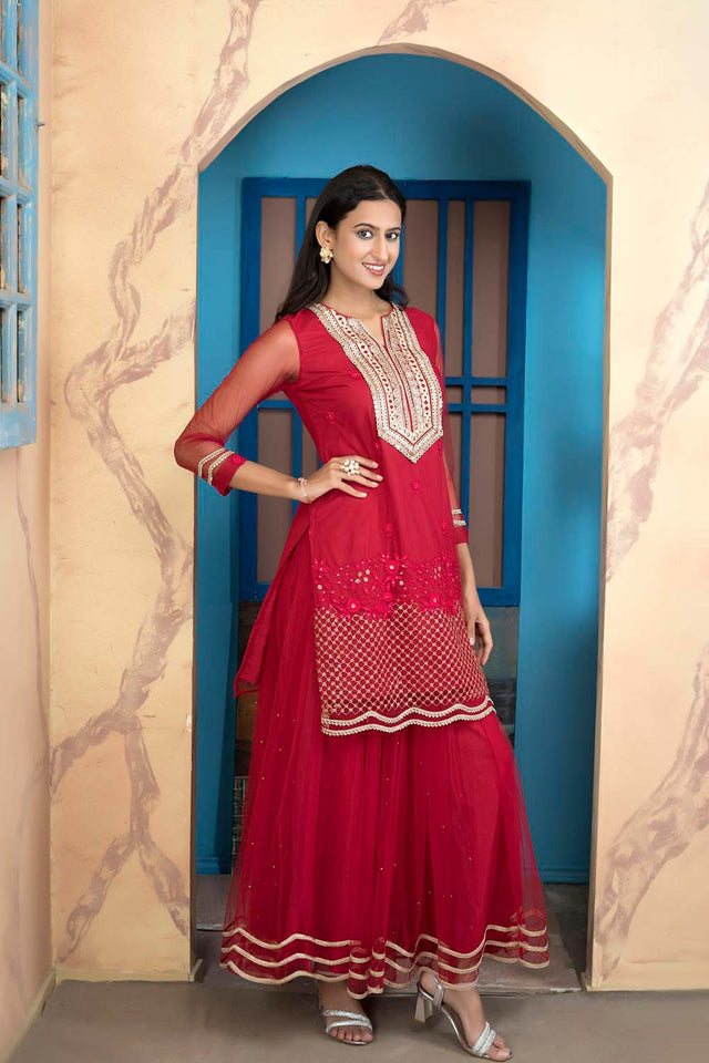 Pink Embroidered Net Straight Cut Kurti