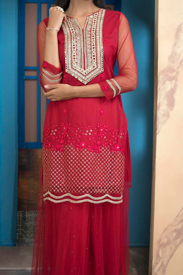 Pink Embroidered Net Straight Cut Kurti