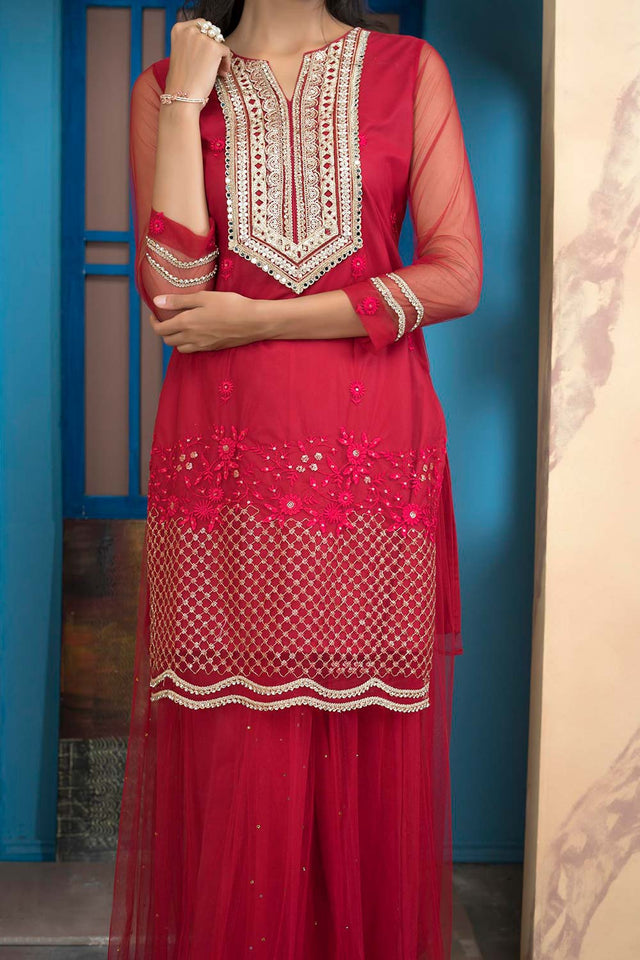 Pink Embroidered Net Straight Cut Sharara Suit Set