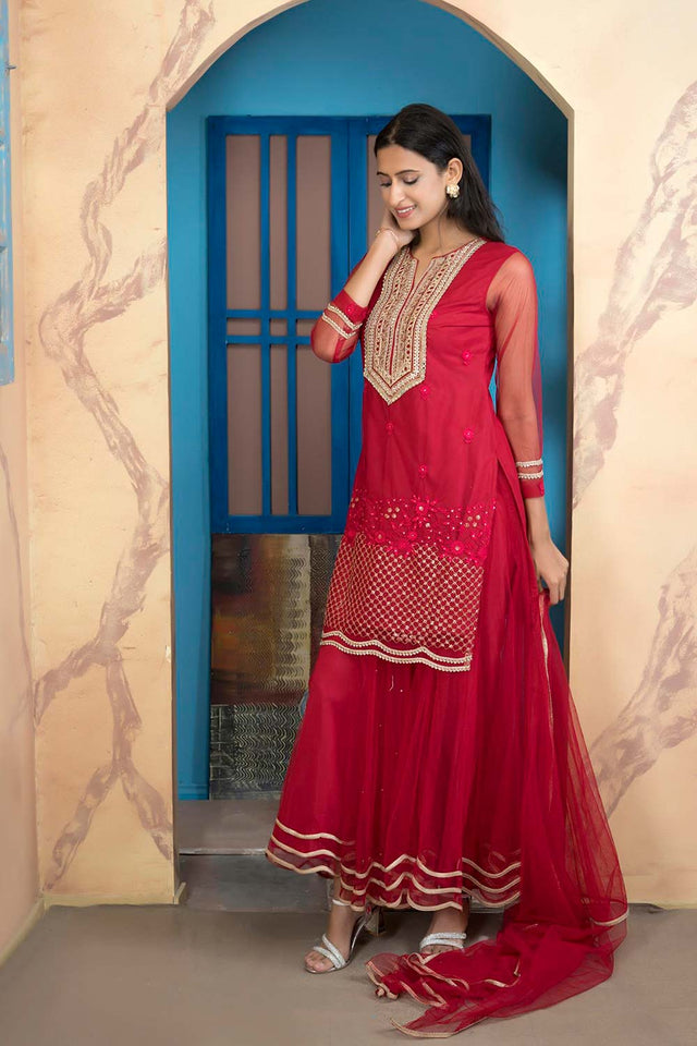 Pink Net Stitched Sharara Suit Set