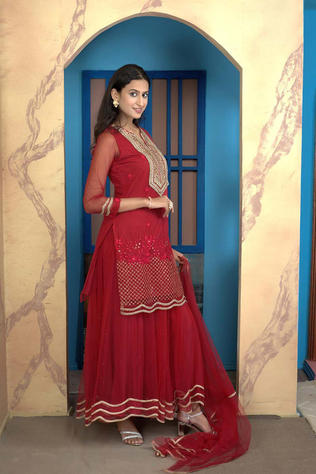 Pink Net Stitched Sharara Suit Set