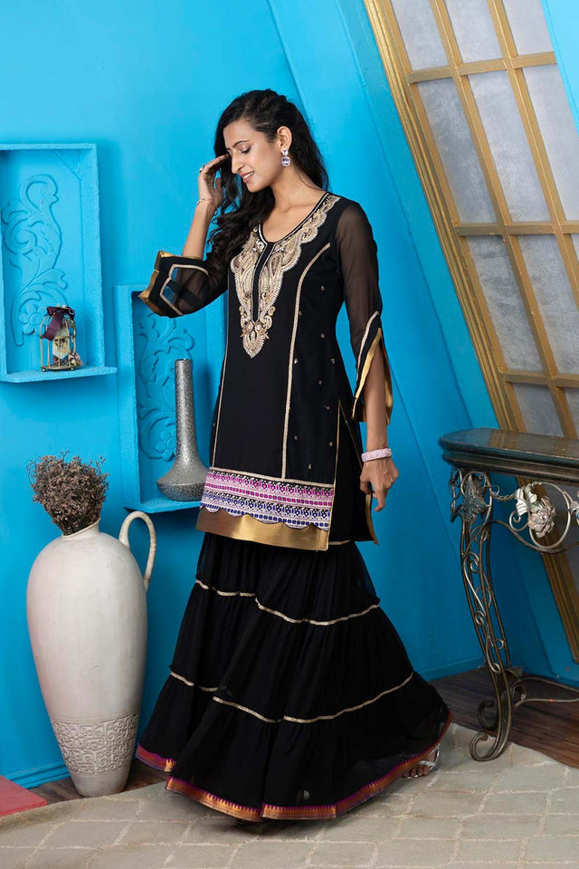 Black Embroidered Georgette Straight Cut Sharara Suit Set