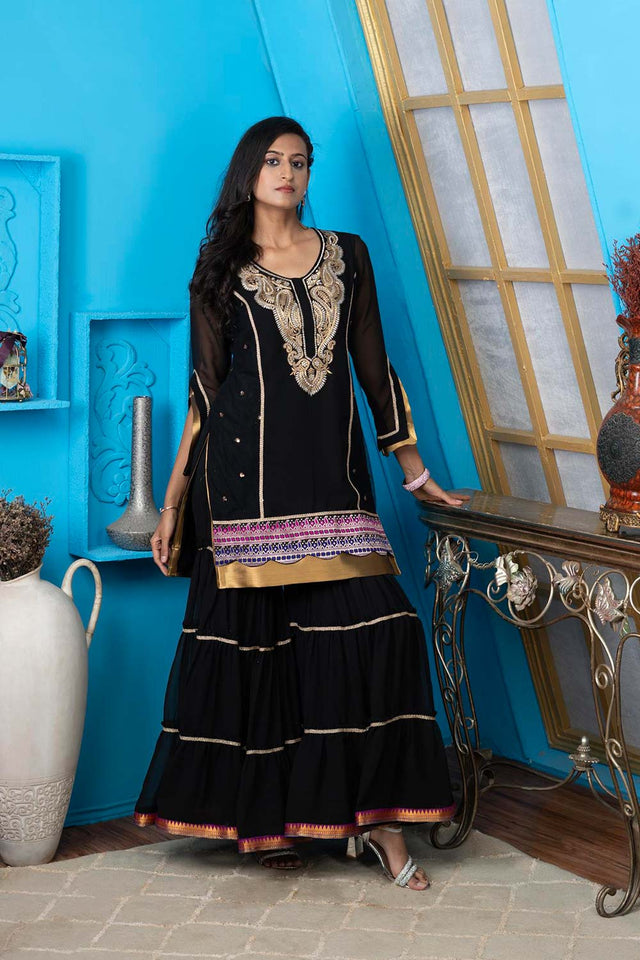 Black Embroidered Georgette Straight Cut Sharara Suit Set