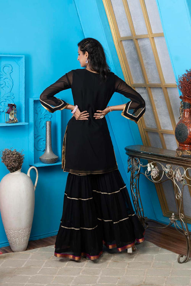 Black Embroidered Georgette Straight Cut Sharara Suit Set