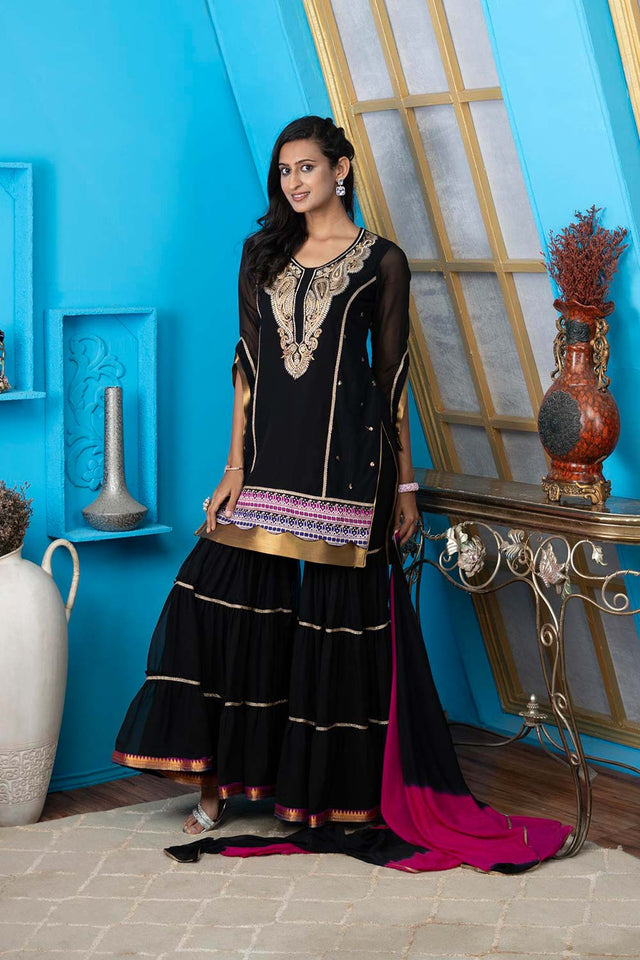 Black Georgette Stitched Sharara Suit Set