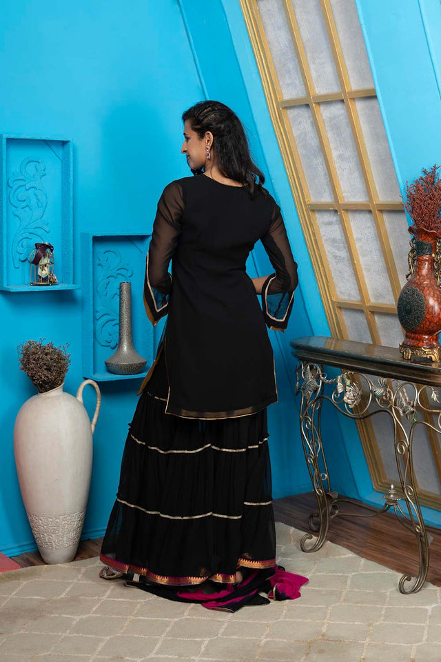 Black Georgette Stitched Sharara Suit Set