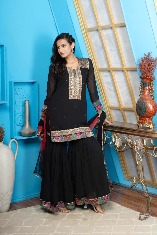 Black Georgette Stitched Sharara Suit Set