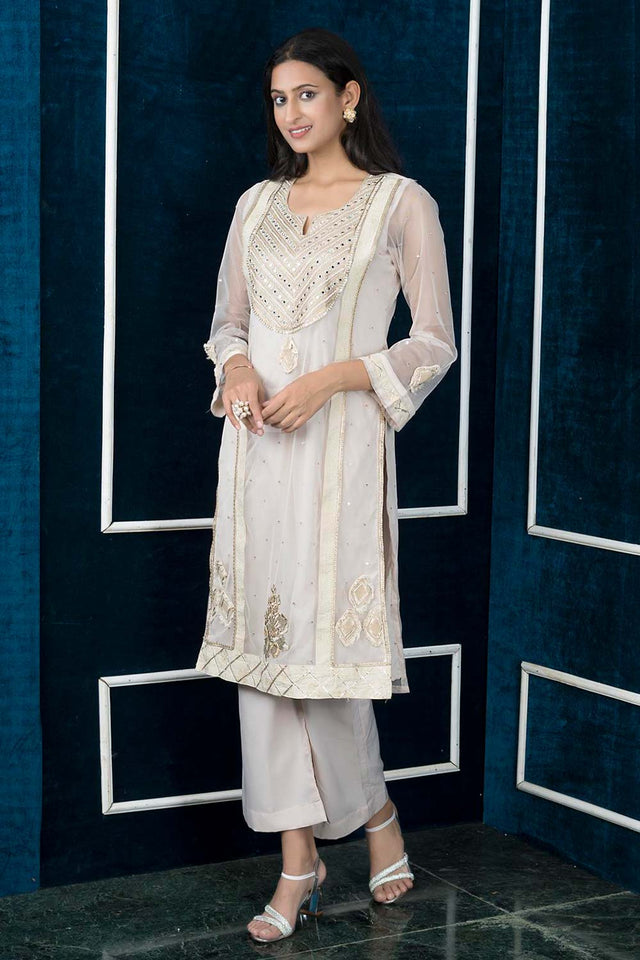 Beige Embroidered Net Straight Cut Kurti Palazzo Set