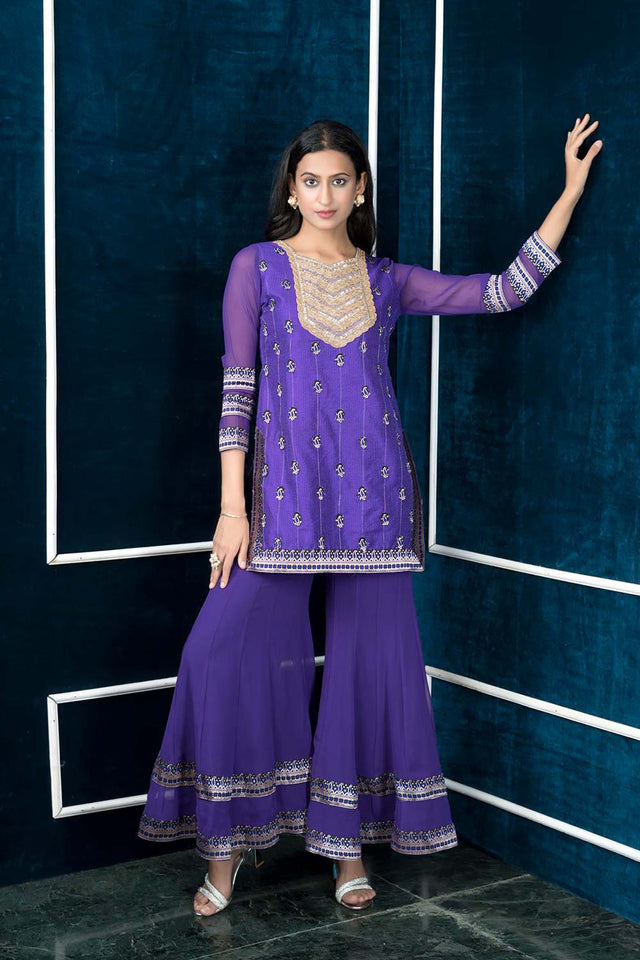 Purple Embroidered Art Silk Straight Cut Sharara Suit Set