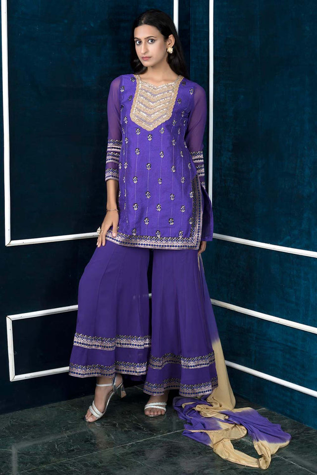 Purple Art Silk Stitched Sharara Suit Set