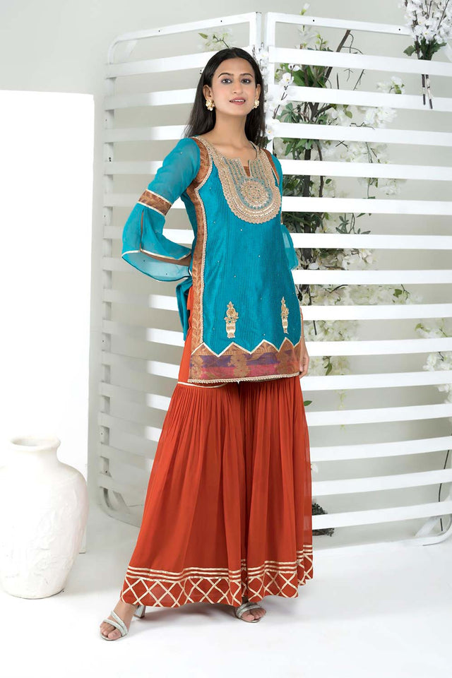 Blue Embroidered Art Silk Straight Cut Sharara Suit Set