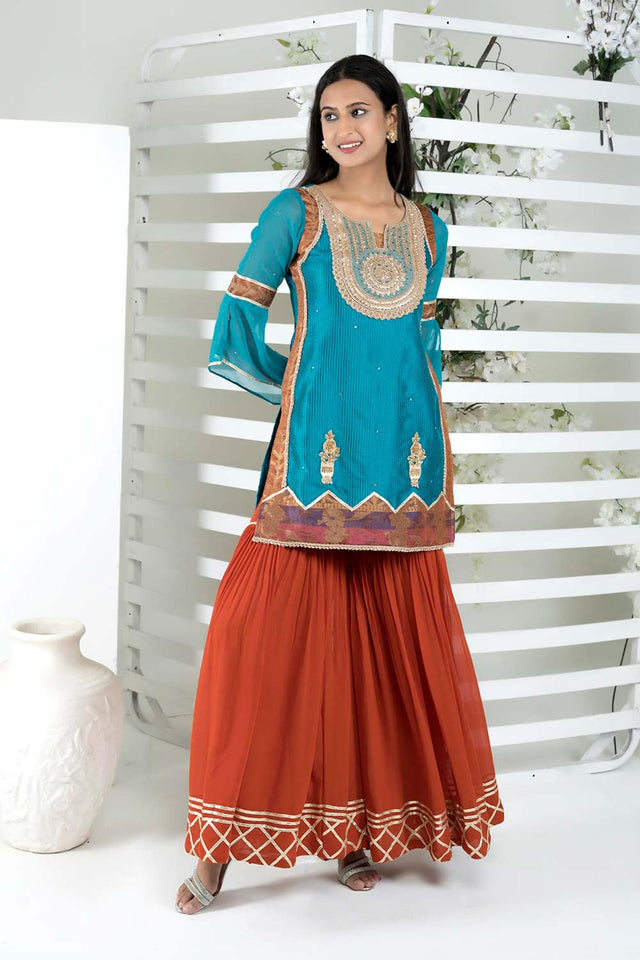 Blue Embroidered Art Silk Straight Cut Sharara Suit Set