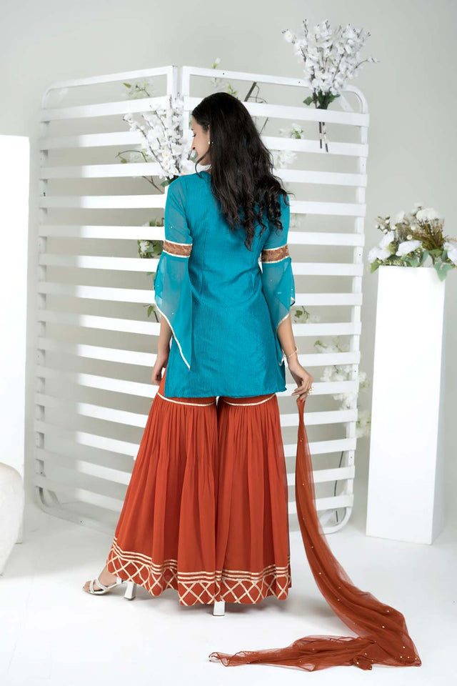 Blue Art Silk Stitched Sharara Suit Set