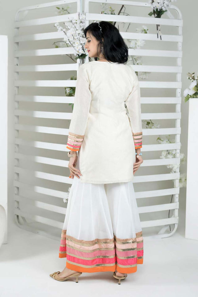 Off-White Embroidered Art Silk Straight Cut Sharara Suit Set