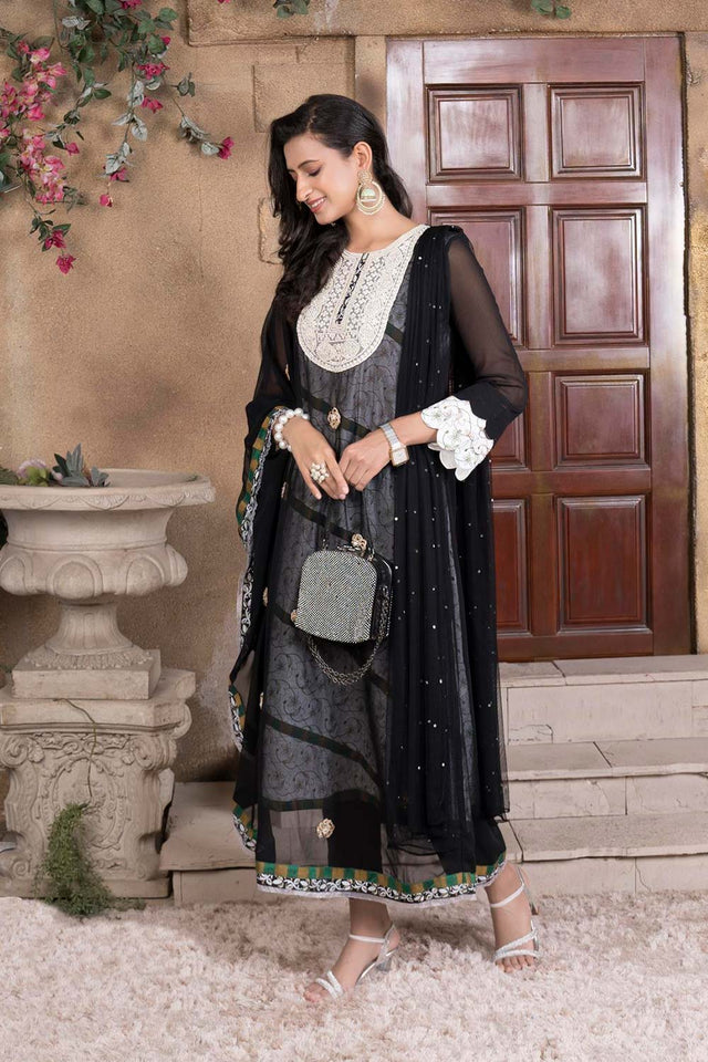 Black Embroidered Georgette Stitched Anarkali Suit Set