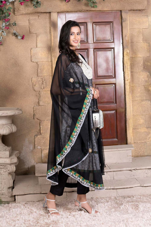 Black Embroidered Georgette Stitched Anarkali Suit Set