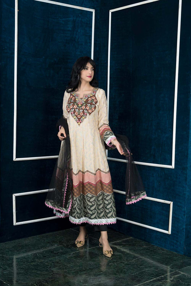 Beige Embroidered Silk Stitched Trouser Kurti With Dupatta