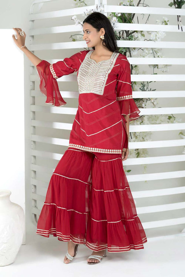 Maroon Embroidered Cotton Straight Cut Sharara Suit Set