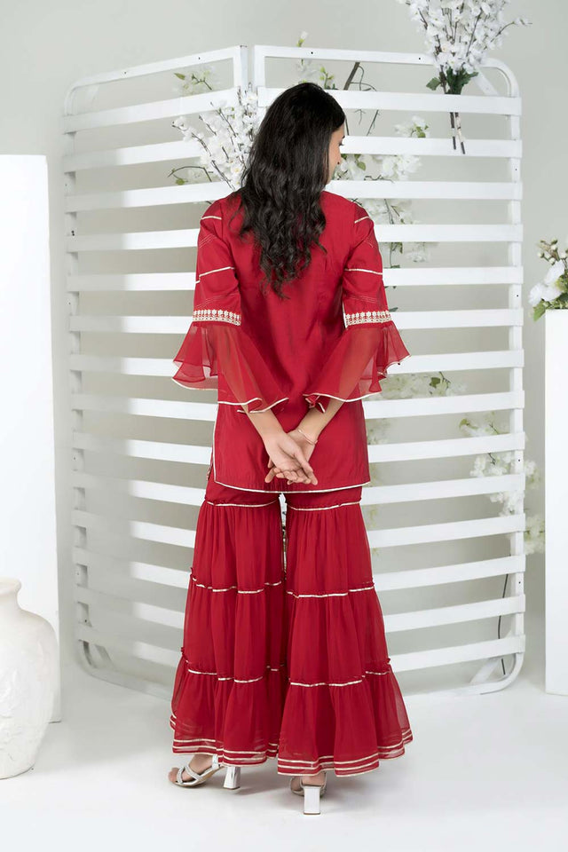 Maroon Embroidered Cotton Straight Cut Sharara Suit Set