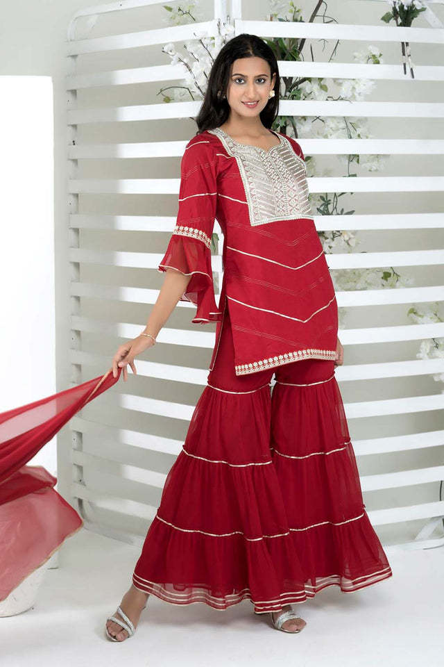 Maroon Cotton Stitched Straight Cut Sharara Sharara Suit Set