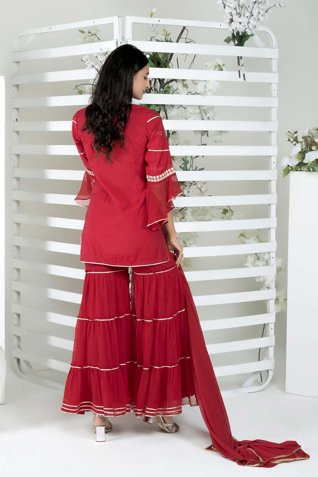 Maroon Cotton Stitched Straight Cut Sharara Sharara Suit Set