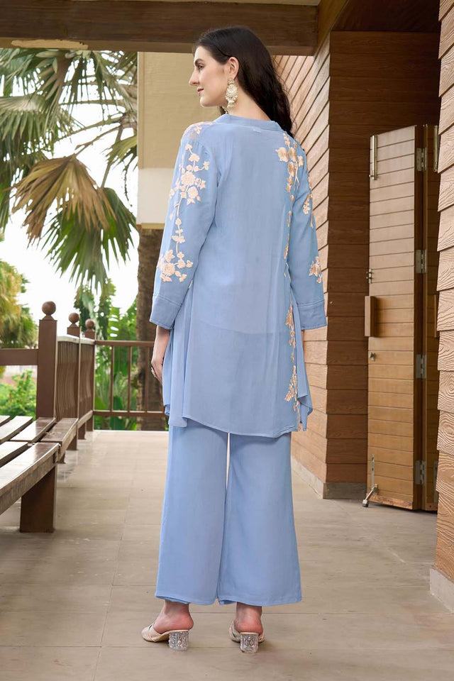 Blue Hand Embroidery Art Silk Jacket Styles Kurti