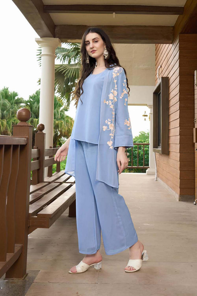 Hand Embroidery Art Silk Jacket Styles Culottes Kurti Pant Set