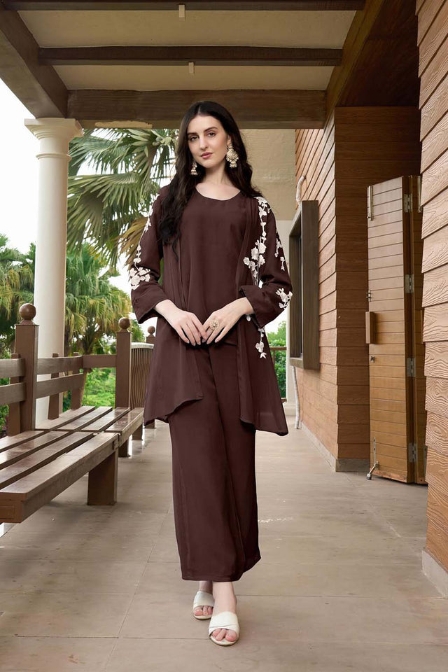 Hand Embroidery Art Silk Jacket Styles Culottes Kurti Pant Set