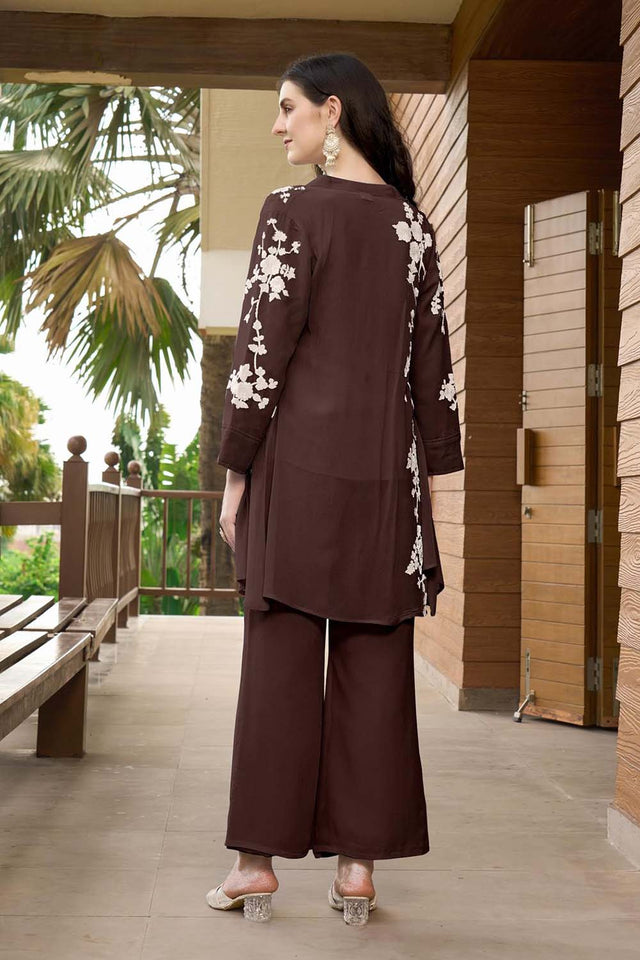 Brown Hand Embroidery Art Silk Jacket Styles Culottes Kurti Pant Set